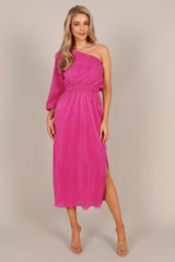 Pontee One Shoulder Pleated Midi Dress Orchid