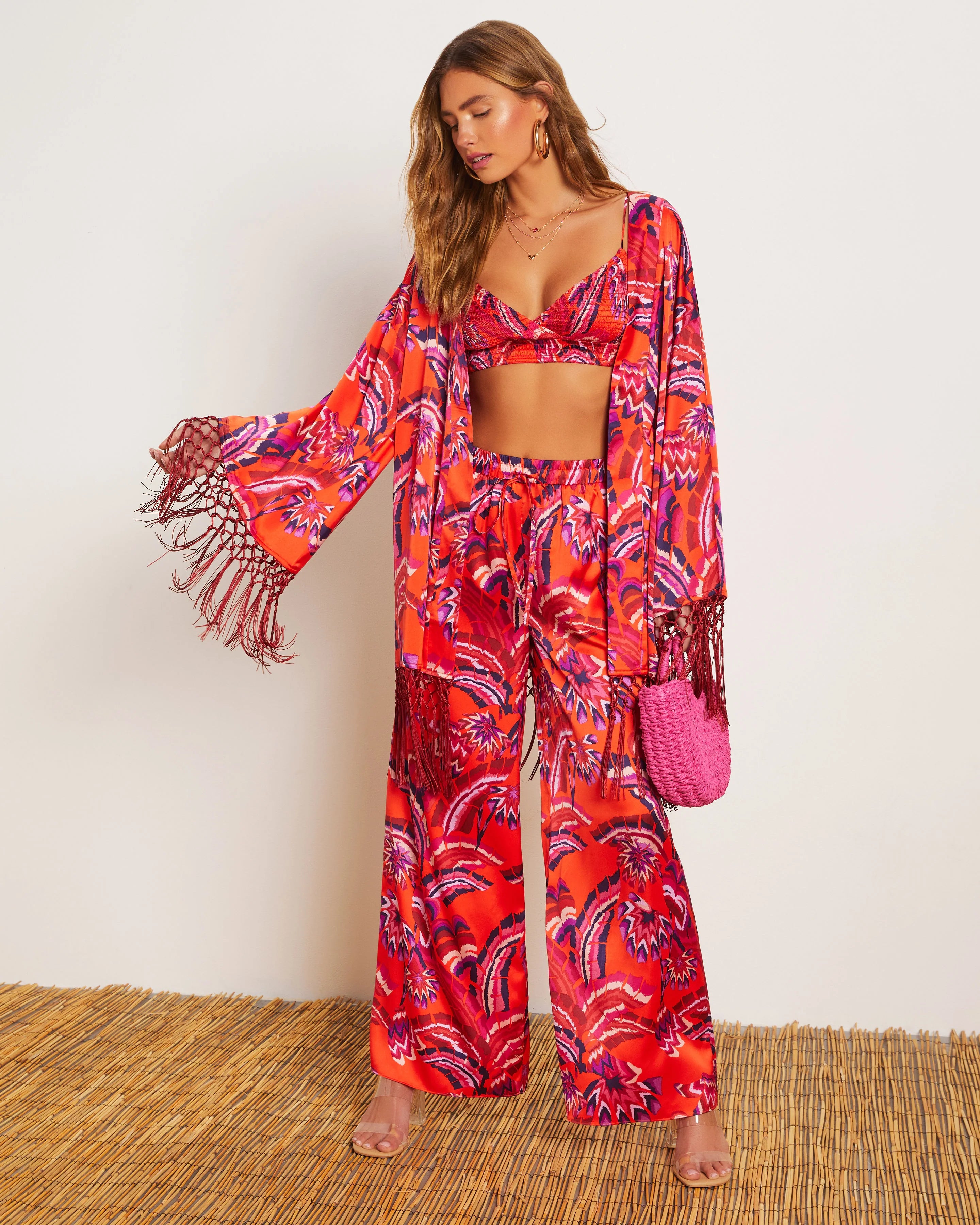 Azra Tropical Pocketed Wide Leg Drawstring Pant