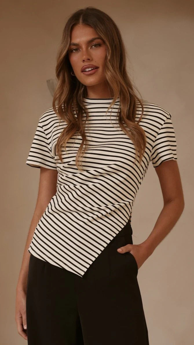 Tiarna Side Ruched Tee Black White Stripe