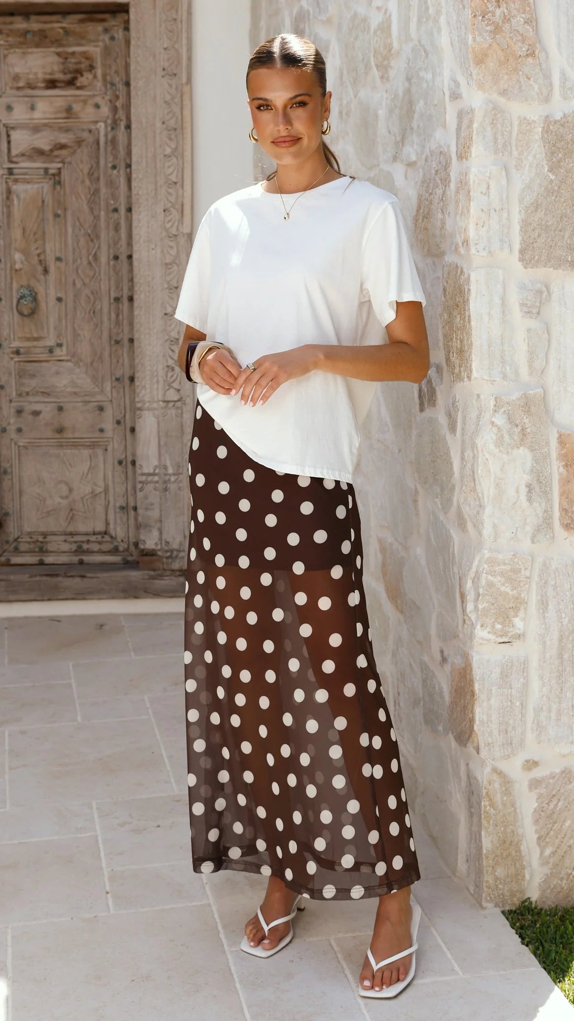 Onella Semi Sheer Maxi Skirt Chocolate White Polka Dot