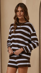 Jaeden Long Sleeve Top Shorts Set Blue Chocolate Stripe