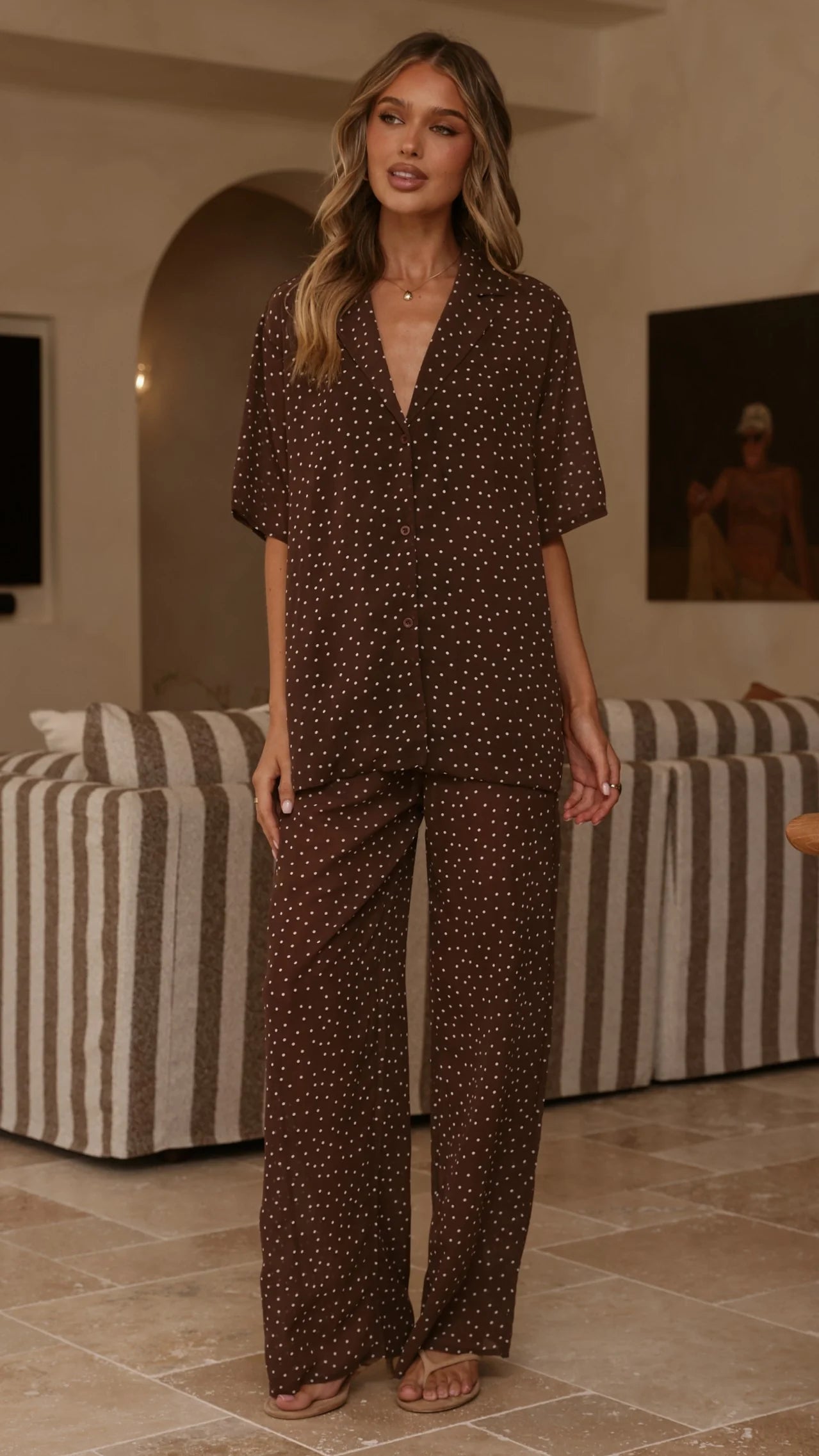 Ashleigh Sheer Shirt and Pants Set Brown Polka
