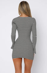 Lost Files Long Sleeve Mini Dress Black White Stripe