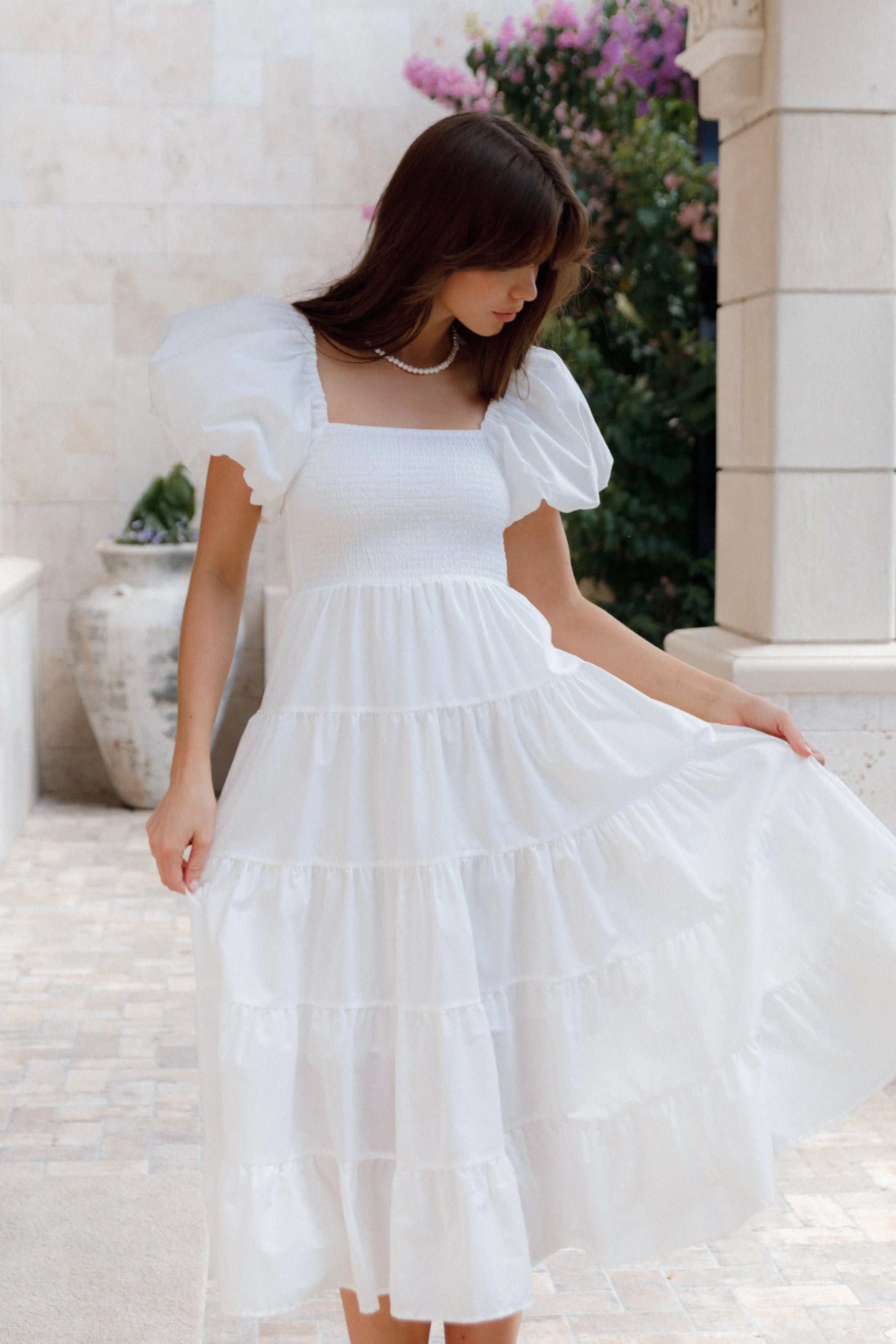Annette Puff Sleeve Shirred Midi Dress White