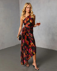 Modern Day Glam Printed One Shoulder Asymmetrical Maxi Dress