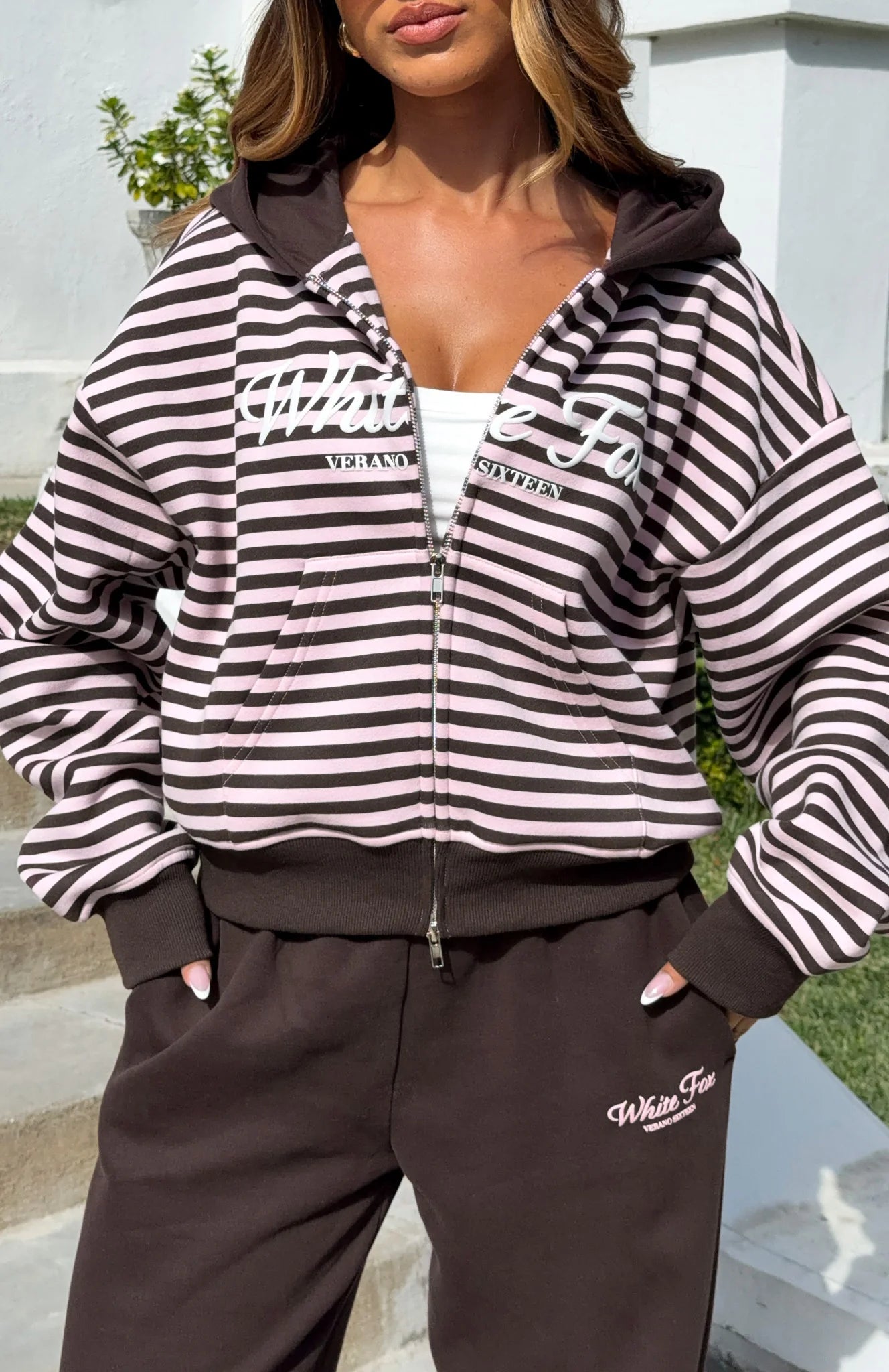 Verano Sixteen Maria Boxy Zip Front Hoodie Pink Choc Stripe