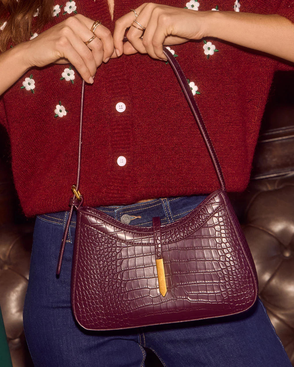 Verah Vegan Leather Croc Embossed Shoulder Bag