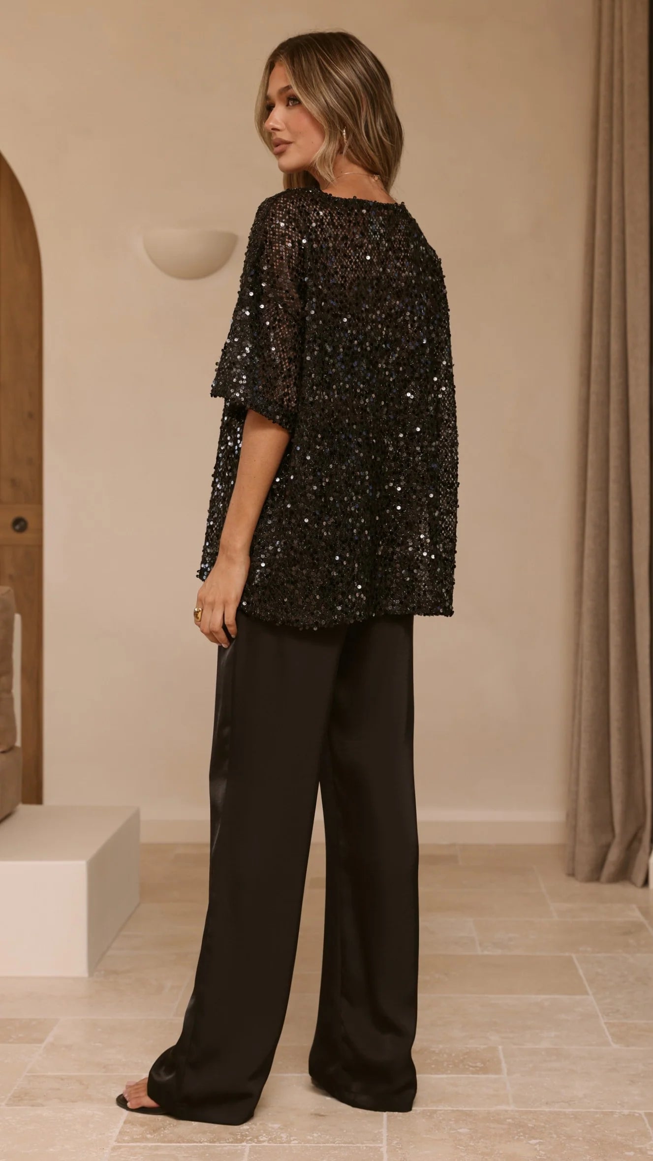 Varni Oversized Sequins Tee Black