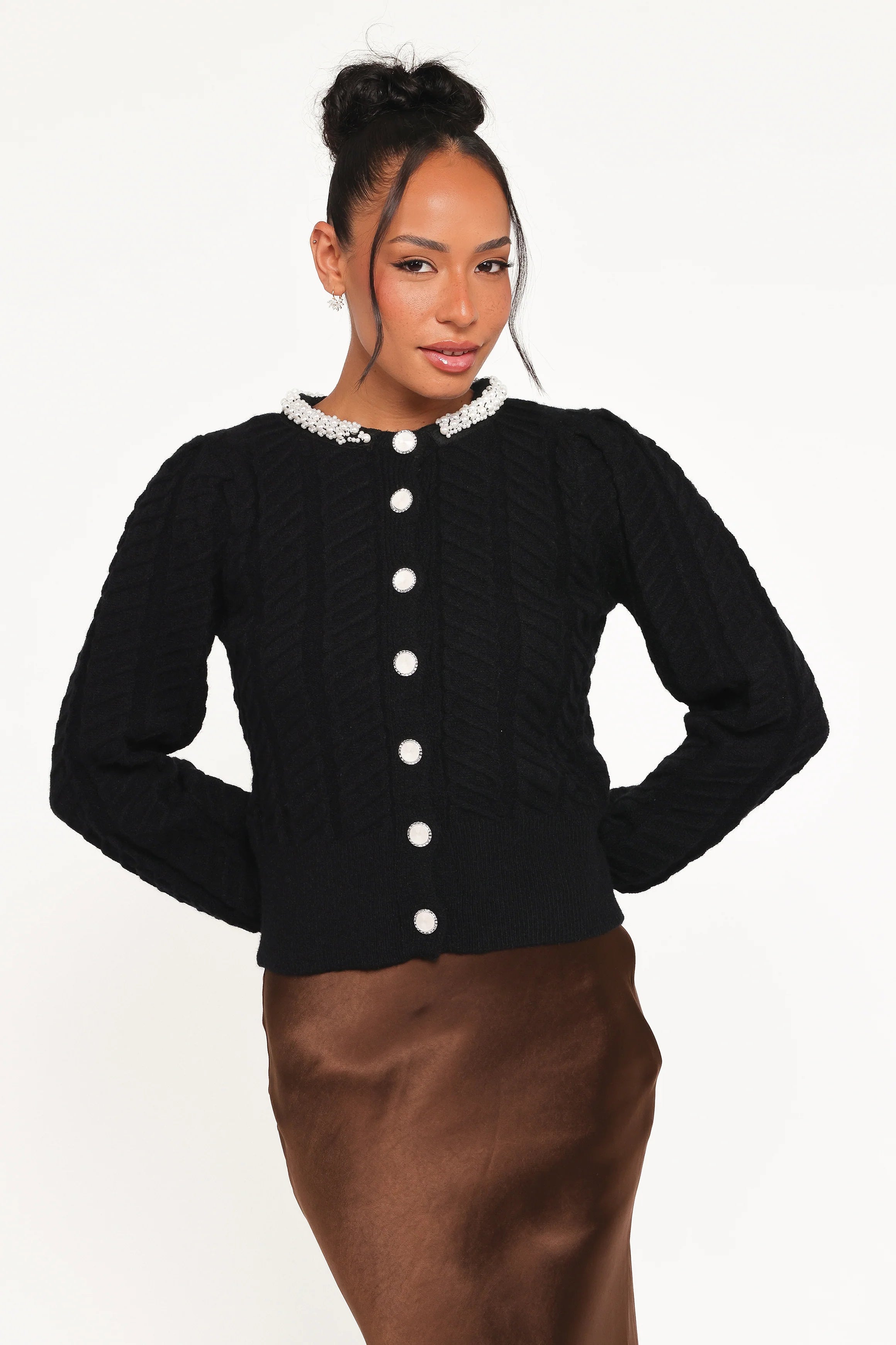 Sheena Rhinestone Collar Holiday Cardigan Black