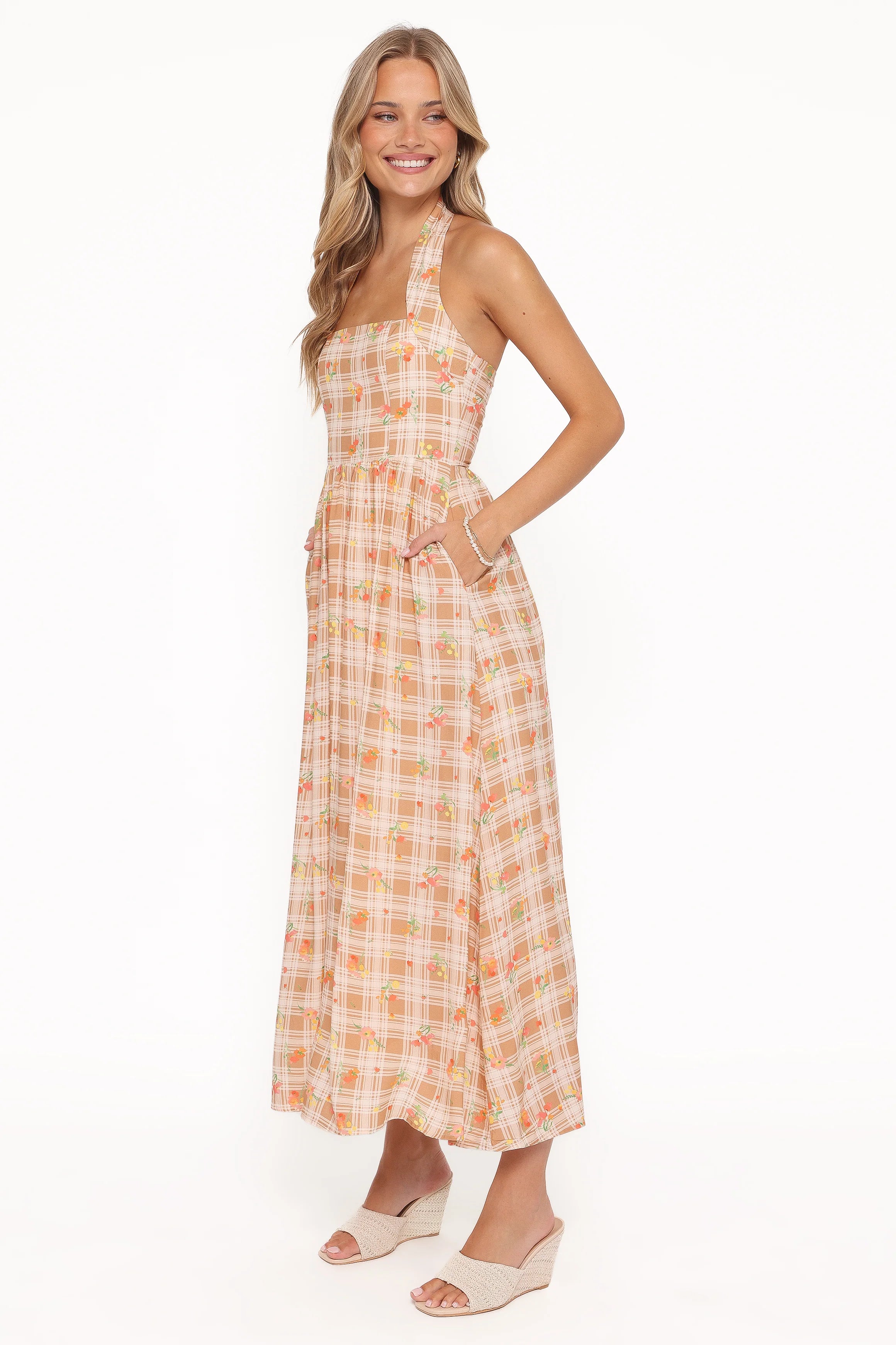 Gemini Halterneck Maxi Dress Yellow Floral Gingham