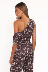 Romola Off Shoulder Top Brown Cream Floral