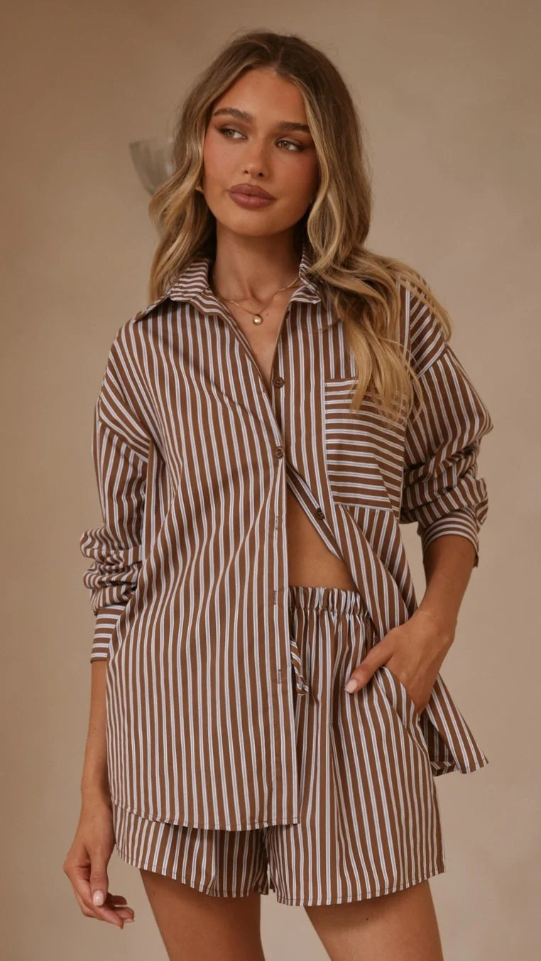Elita Long Sleeve Button Up Shirt and Shorts Set Brown Blue Stripe
