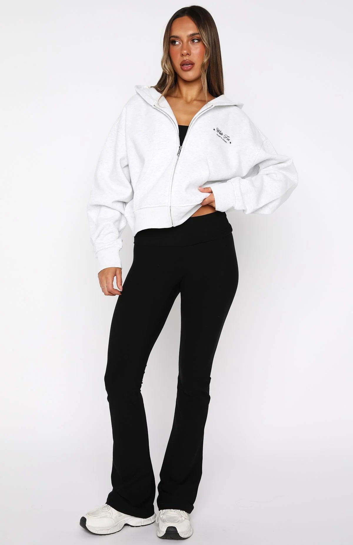 Just Try Again Boxy Zip Front Hoodie Grey Marle