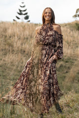 Hilary Pleated Maxi Dress Brown Floral