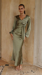 Ivy Long Sleeve Tie Front Maxi Dress Olive