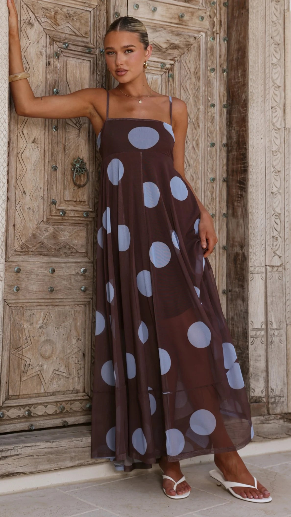 Melinda Mesh Maxi Dress Brown Blue Polka Dot