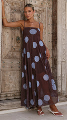Melinda Mesh Maxi Dress Brown Blue Polka Dot
