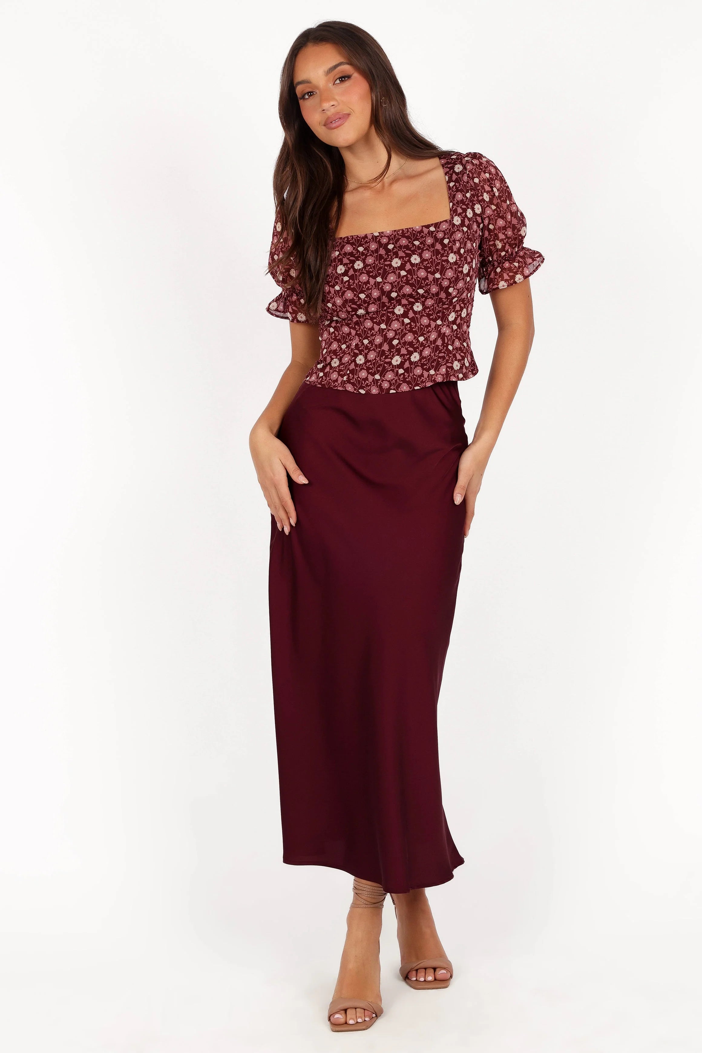 Nellie Satin Midi Skirt Burgundy