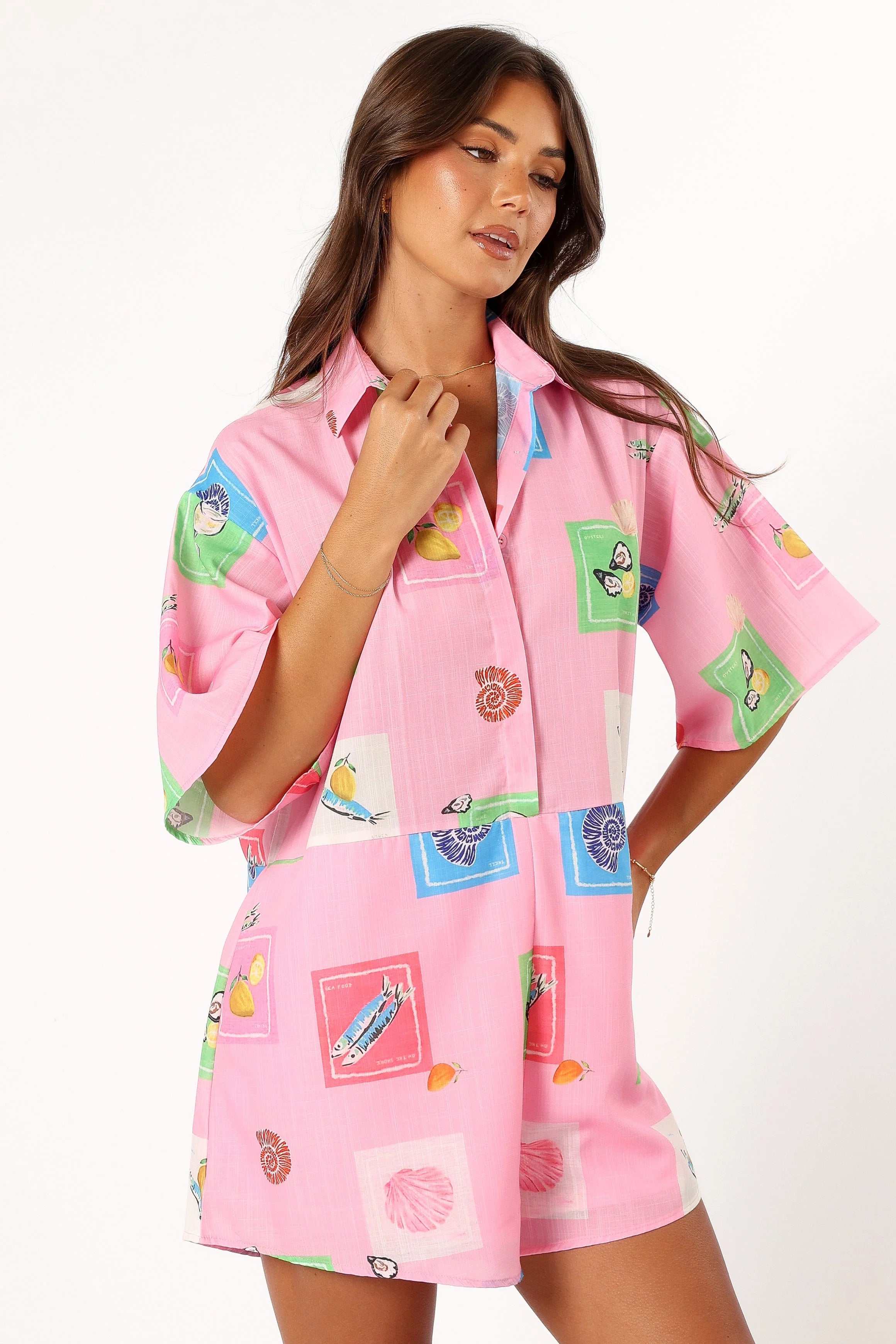 Kellie Romper Pink Stamp Print