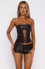 The Glitterati Beaded Mini Shorts Chocolate