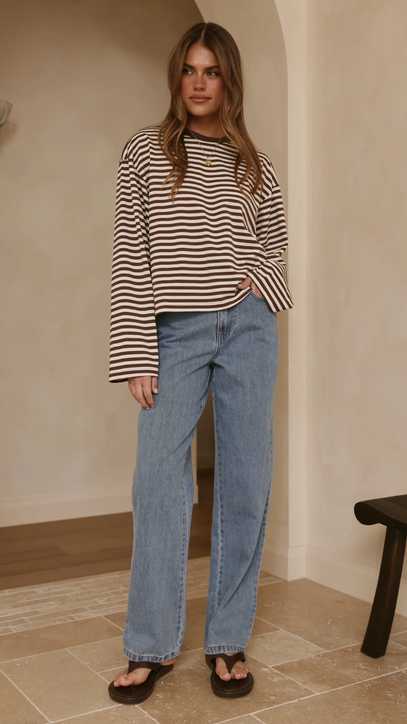 Solana Long Sleeve Top Choc White Stripe