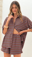 Tali Button Up Shirt and Shorts Set Brown Blue Stripe