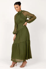 Julip Sheer Long Sleeve Maxi Dress Olive