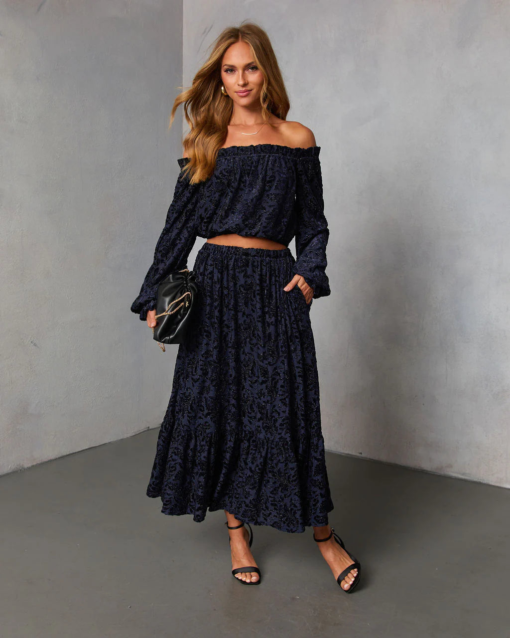 Miriza Flocked Mesh Velvet Off The Shoulder Top