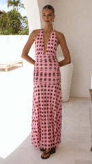 Kya Maxi Dress Pink Brown Polka