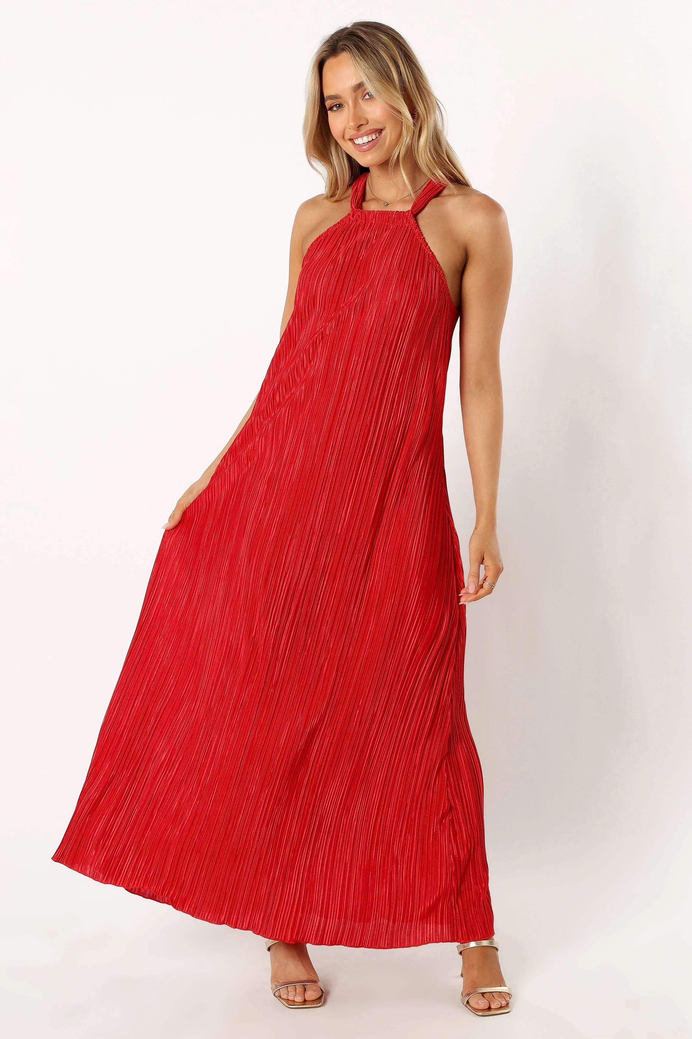 Melody Plisse Halter Maxi Dress Red