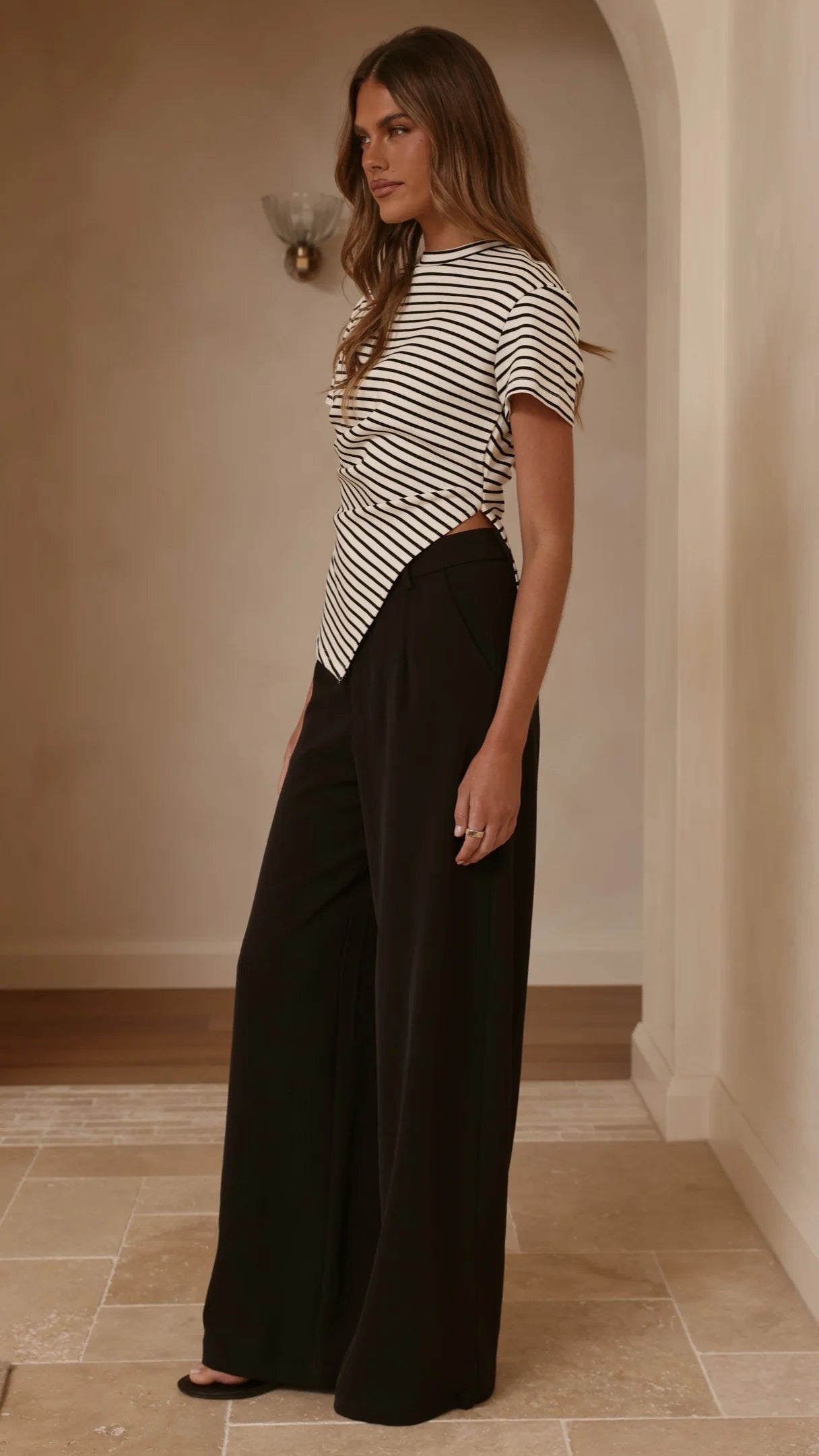 Tiarna Side Ruched Tee Black White Stripe