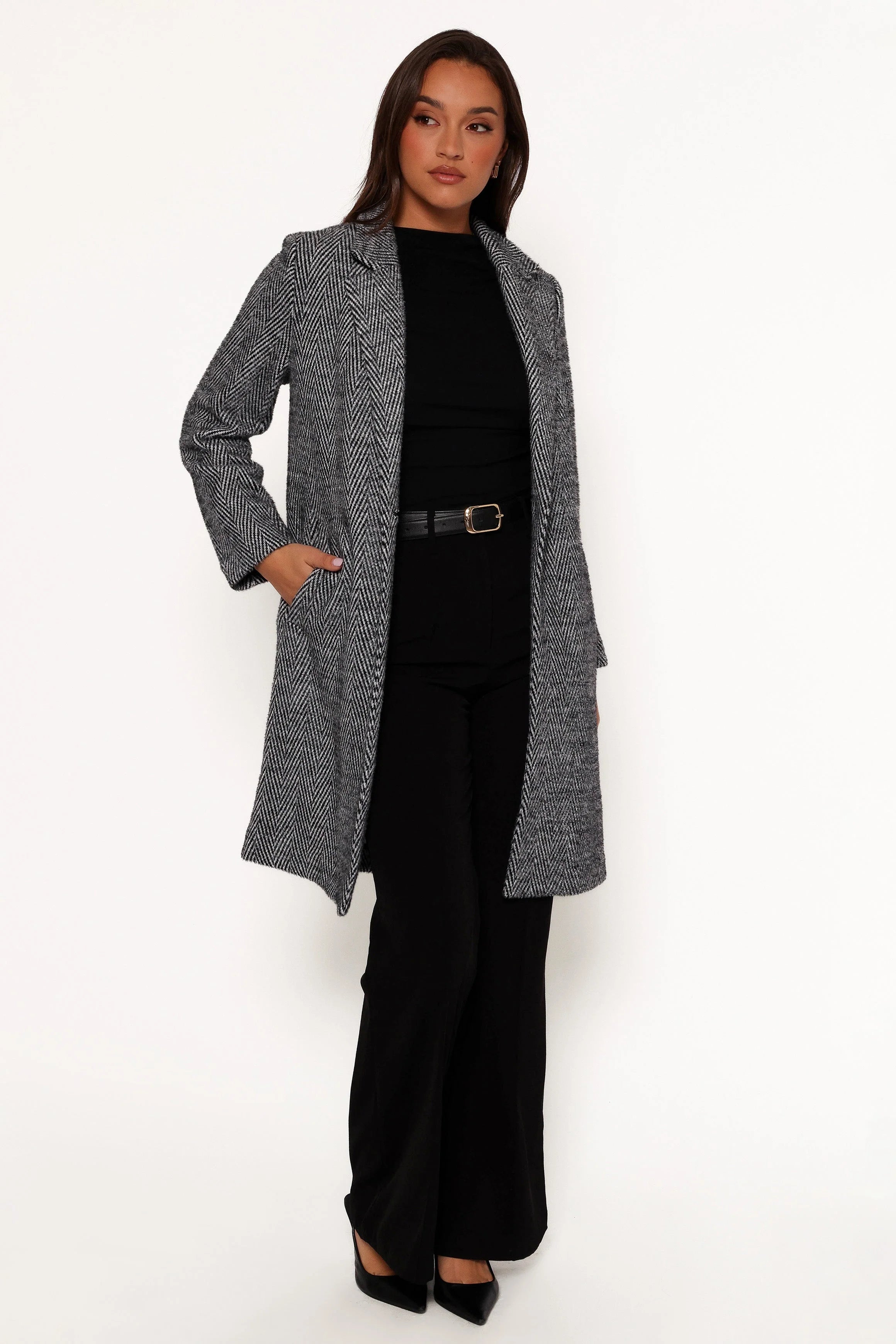 Nicoletta Single Button Herringbone Coat Black
