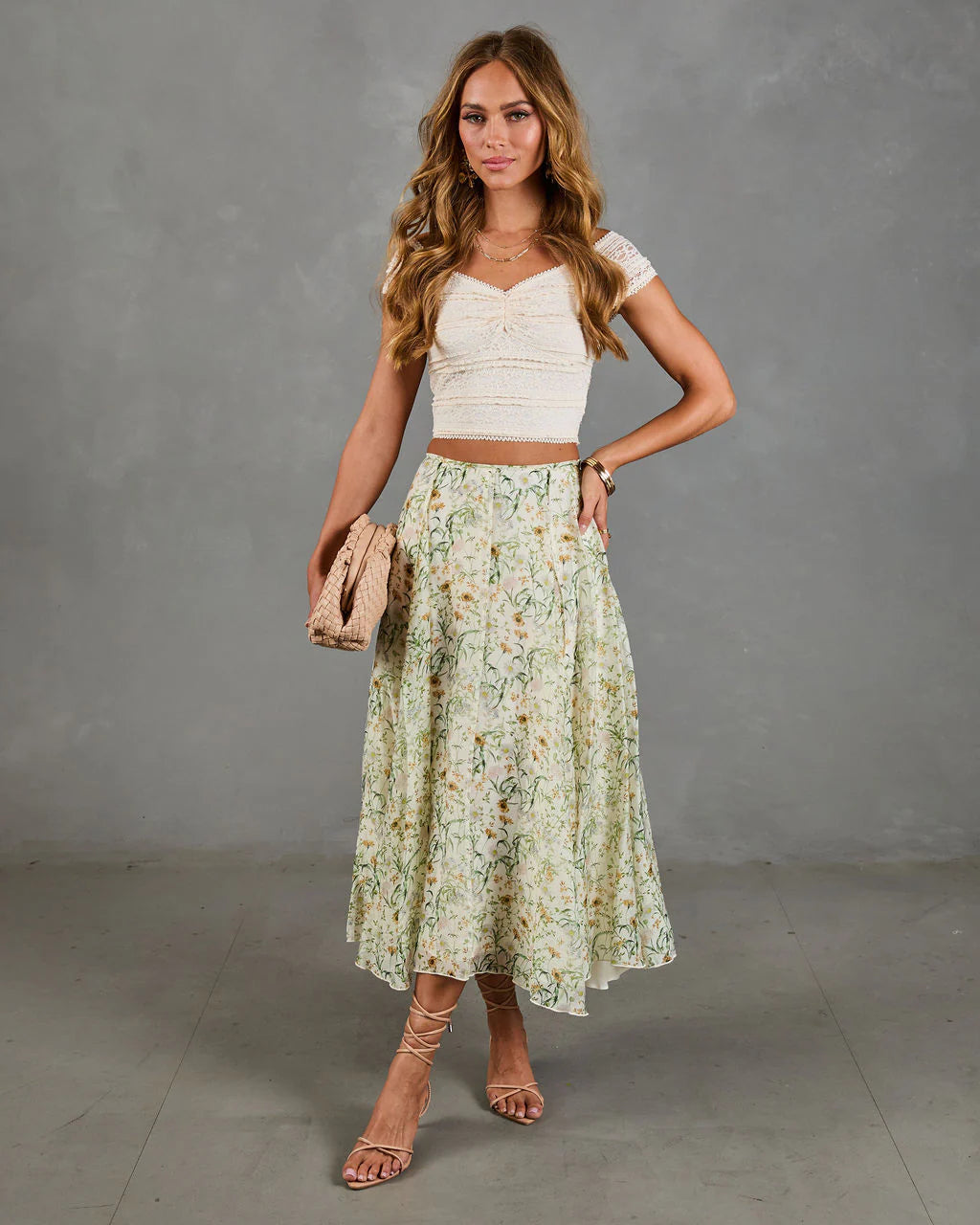 Adilene Pleated Floral Print Midi Skirt
