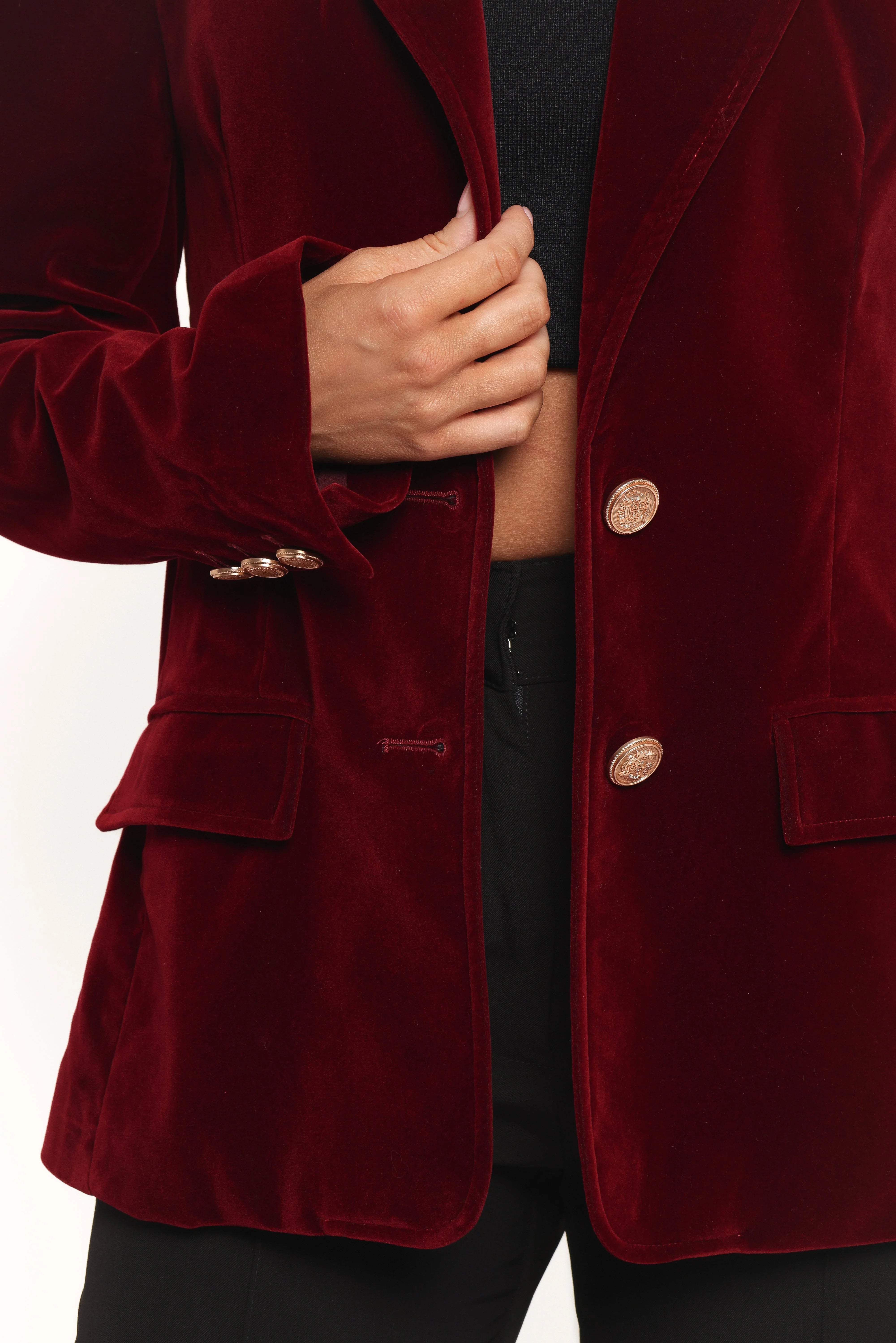 Zpya Single Button Velvet Blazer Berry