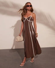 Adriah Contrast Trim Fit and Flare Maxi Dress