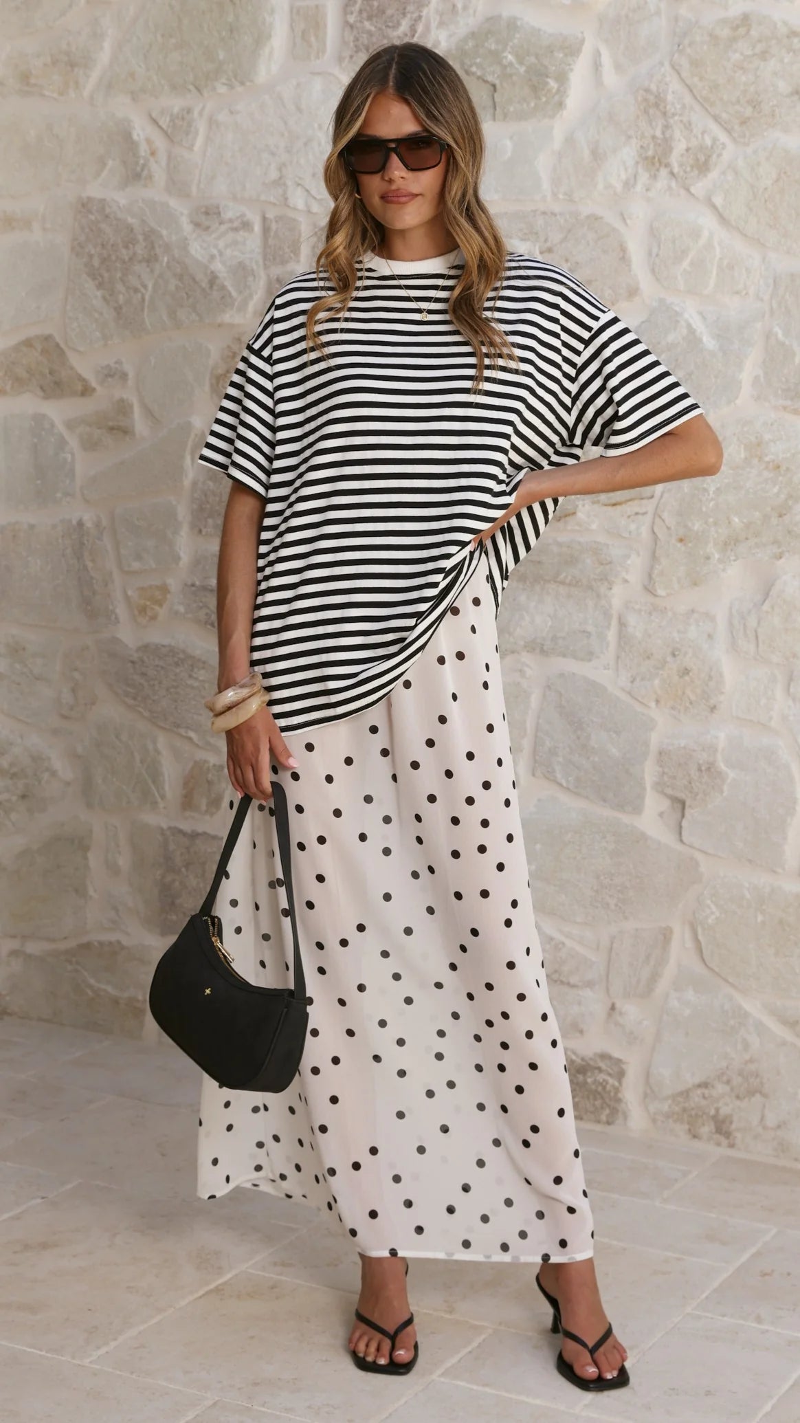 Elisha T Shirt and Sheer Maxi Skirt Set Black White Stripe and Polka Dot
