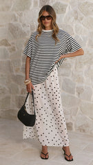 Elisha T Shirt and Sheer Maxi Skirt Set Black White Stripe and Polka Dot