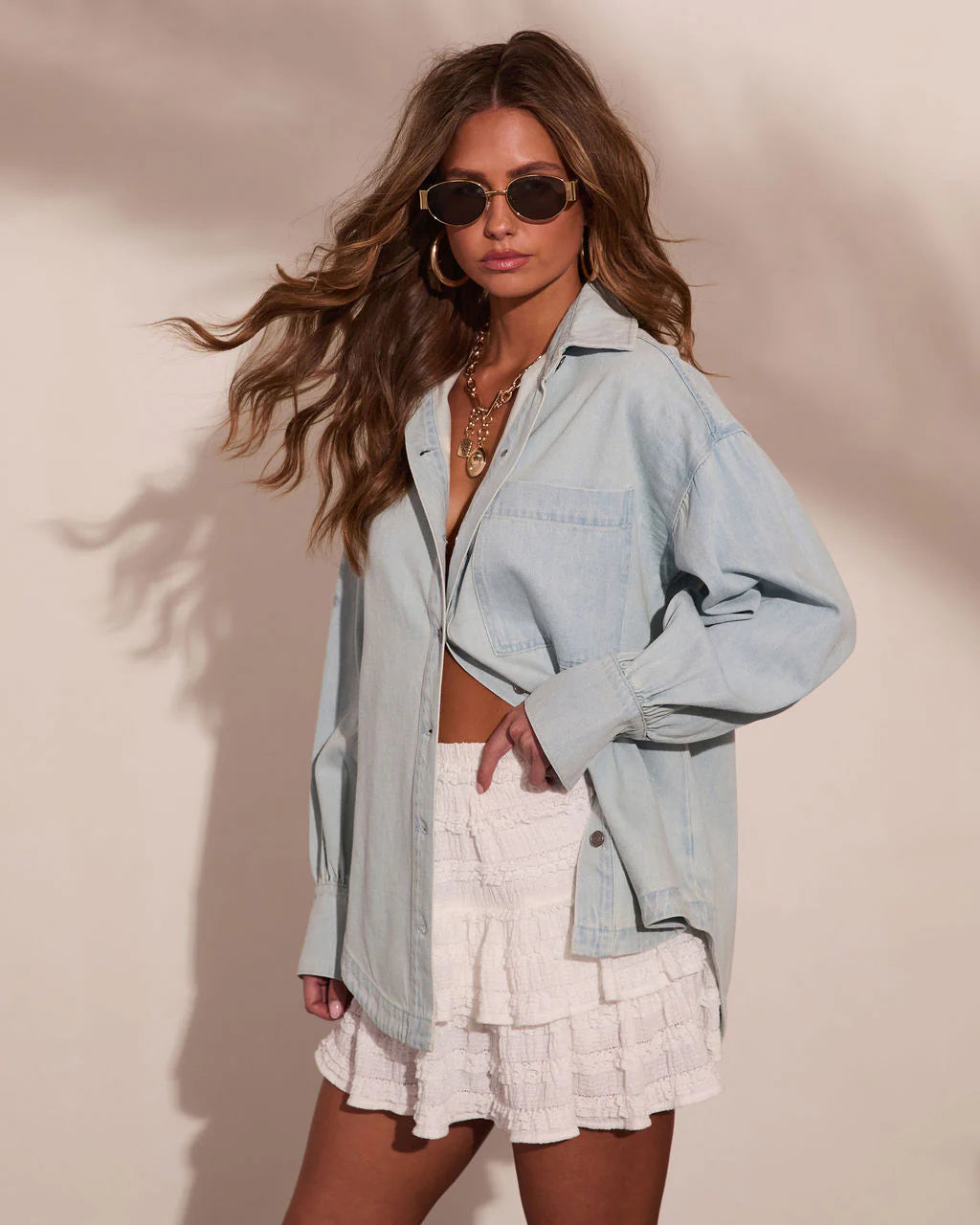 Wander West Denim Button Down Top