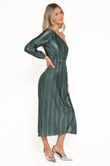 Pontee One Shoulder Pleated Midi Dress Green