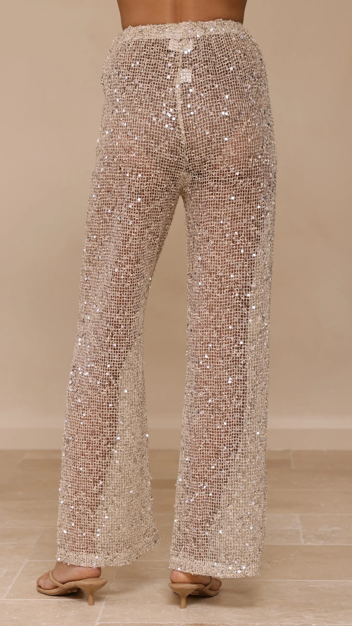 Zarina Sequin Long Line Top and Pants Set Beige