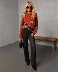 Nalie Leopard Motif Crew Neck Sweater