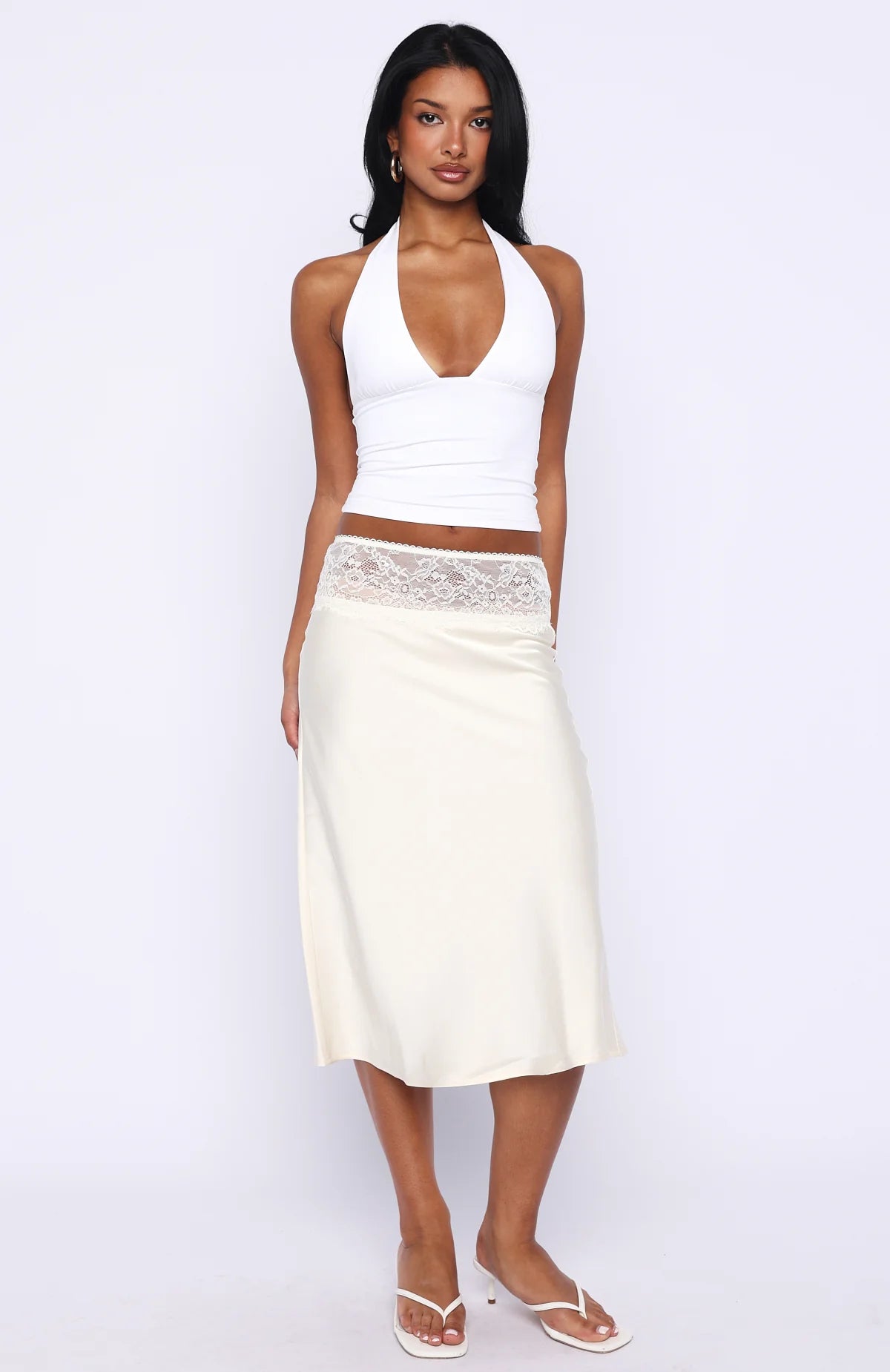 For A Long Time Lace Trim Midi Skirt Cream