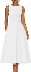 Boat Neck Sleeveless A Line Maxi Dress Ruffle Flowy Casual Long Dresses