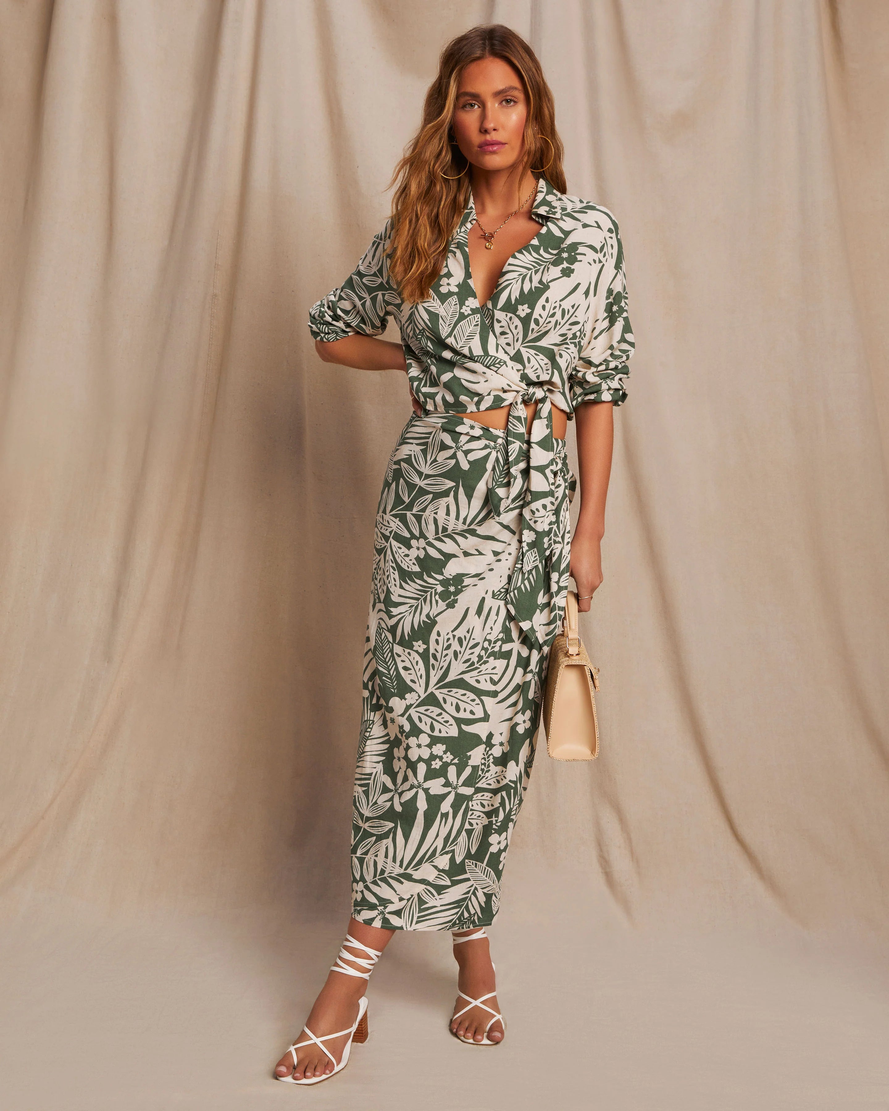 Kaanapali Linen Blend Tropical Print Wrap Midi Skirt