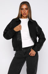 Might Cause Trouble PU Bomber Jacket Black