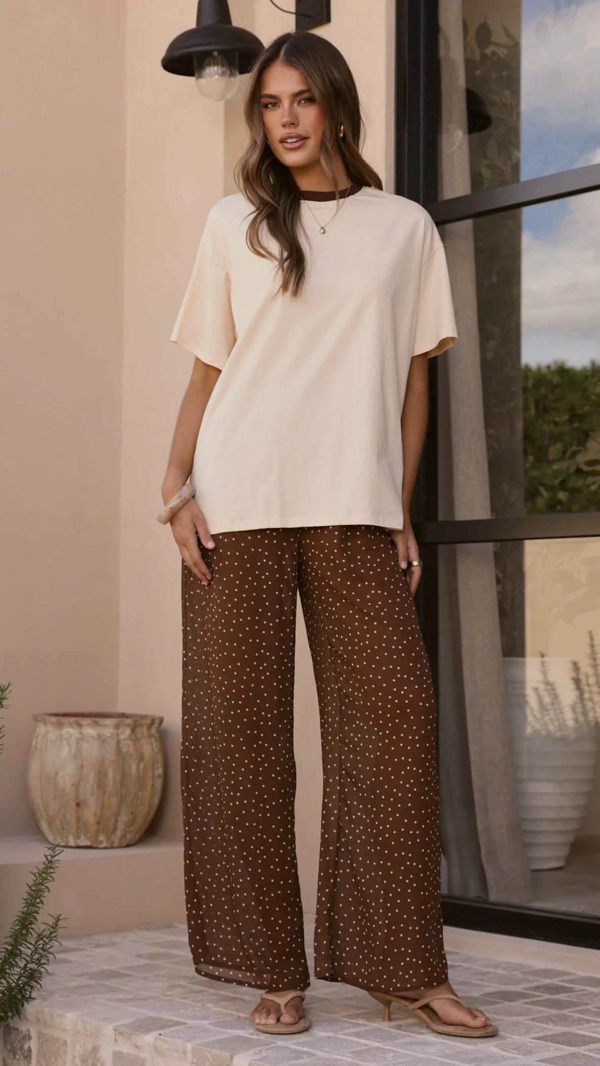 Zavier Oversized T Shirt and Polka Dot Pants Set Beige Chocolate