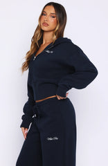 Wishing For It Cropped Cinched Zip Front Hoodie Navy