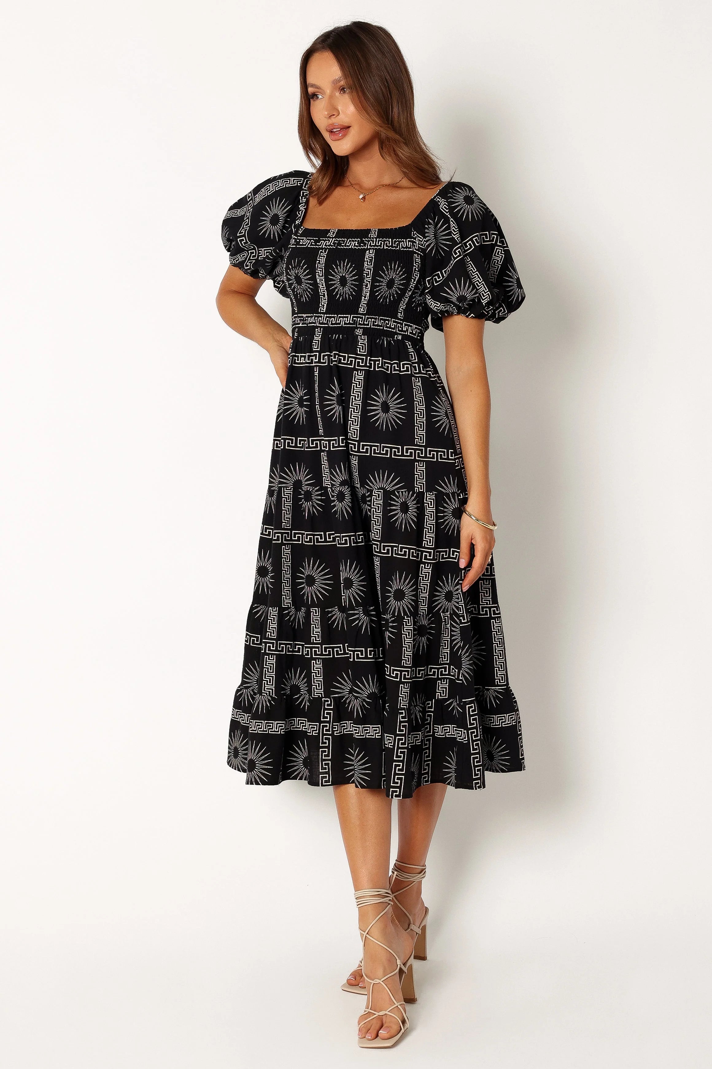 Soliel Puff Sleeve Midi Dress Black Tan