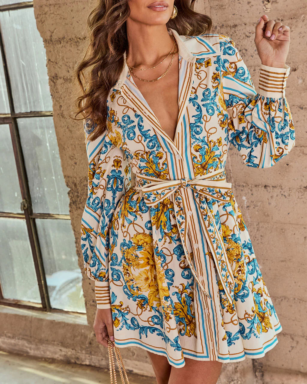 Style Authority Paisley Waist Tie Mini Shirt Dress
