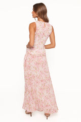 Mena Pleated Maxi Skirt Blurred Pink Floral